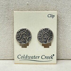 Coldwater Creek Clip On Earrings Abstract Filigree‎ Swirl Round Silver-Tone